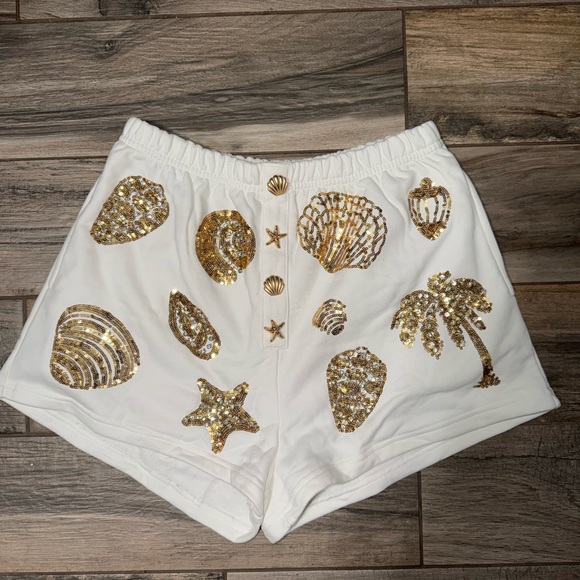 QUEEN OF SPARKLES Pants - QUEEN OF SPARKLES High Waist White Shorts with Gold Sequin Accents